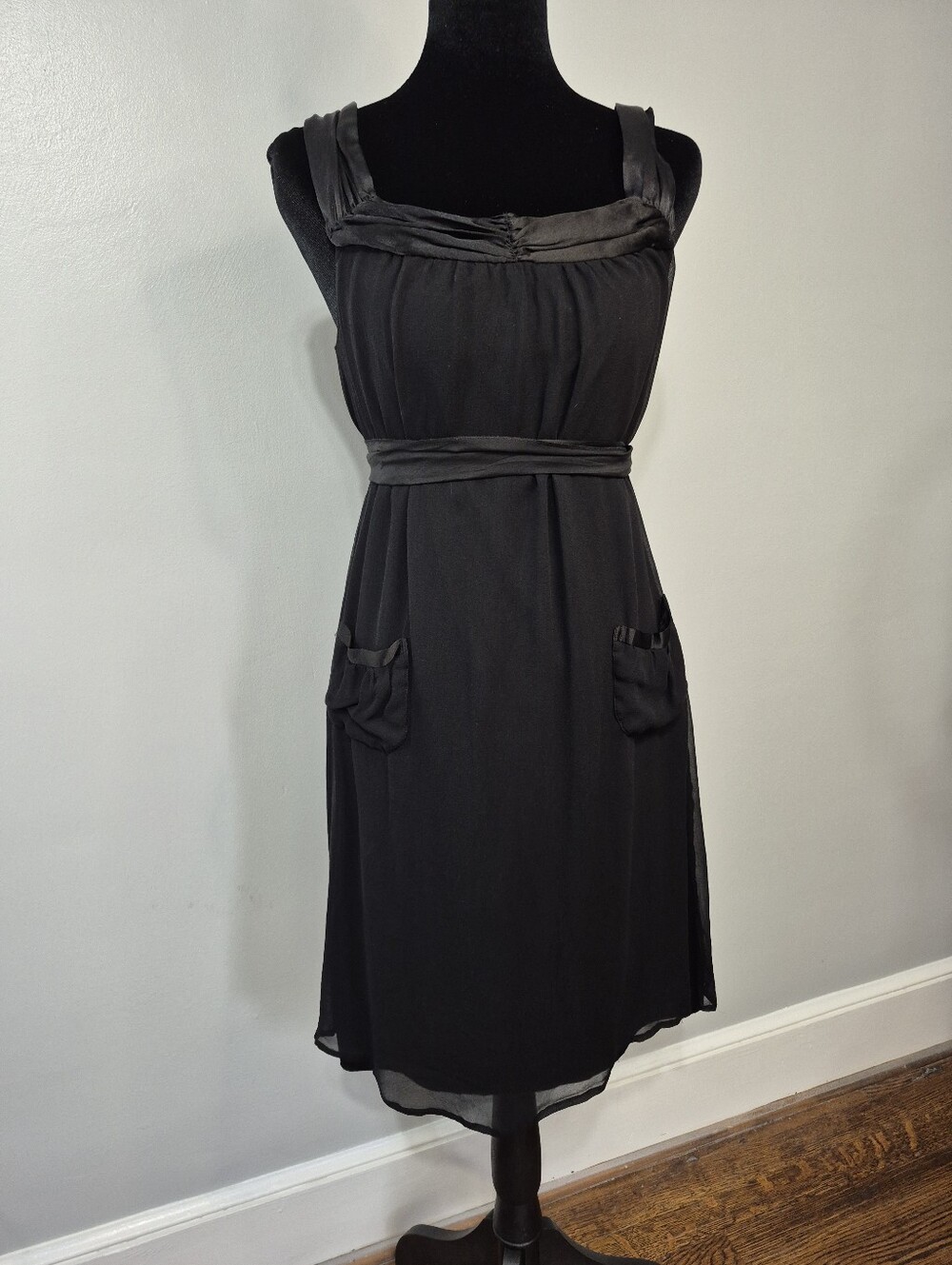jonathan martin Silk Black Sleeveless Midi Dress Belt Pockets Sheer Size 10